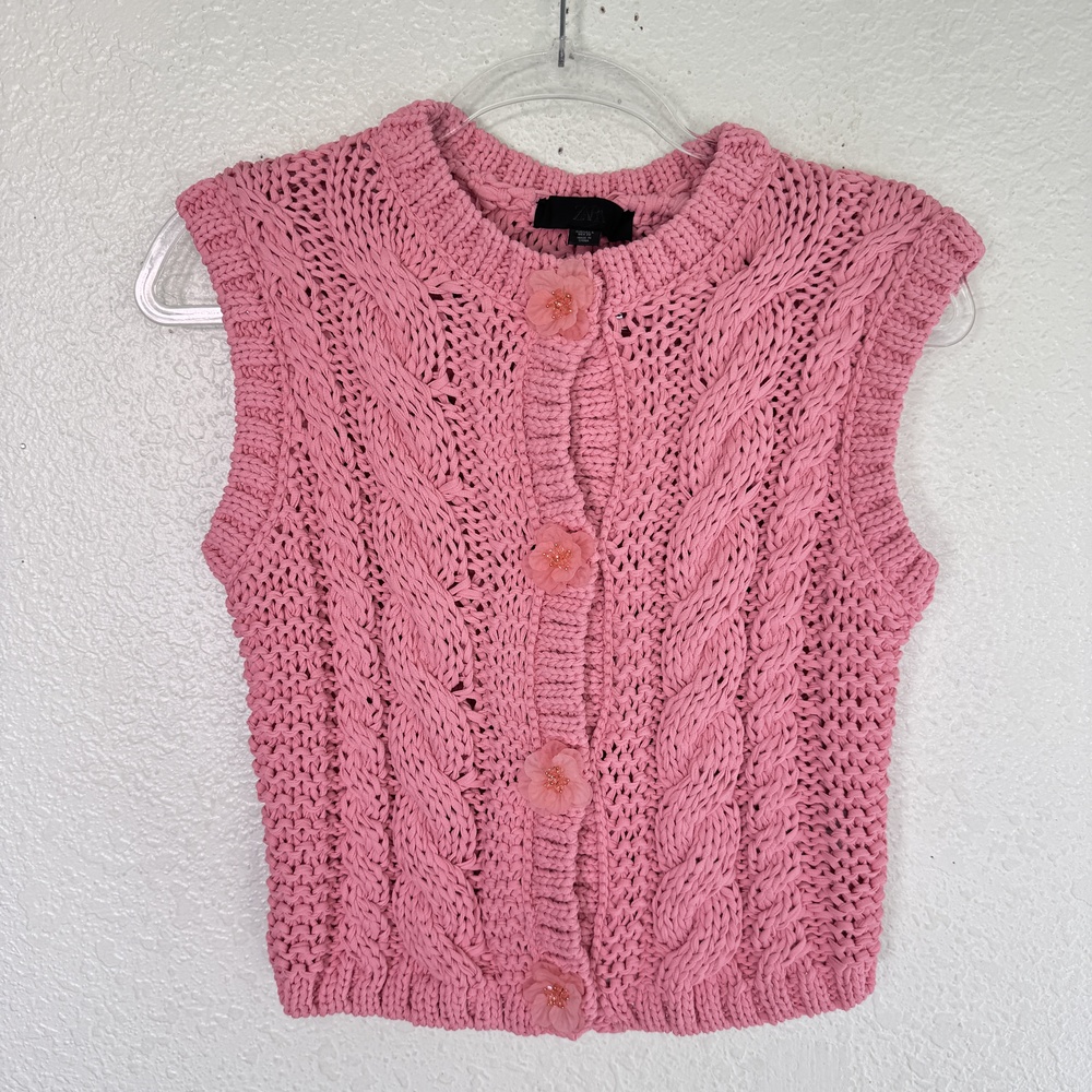 Zara Knit Vest Top Womens Small Cable Chunky Knit Button Up Boho Cropped Pink